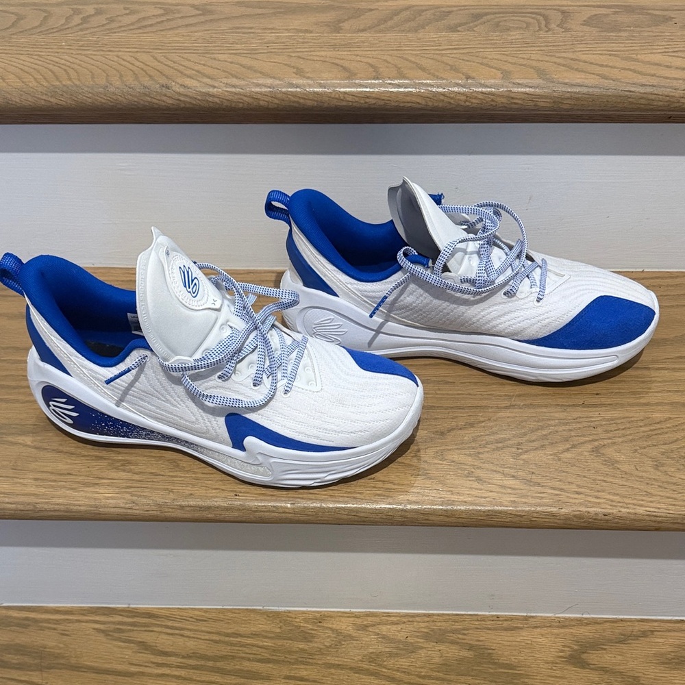 Men's Curry’s  White and Blue Athletic Shoes under armor